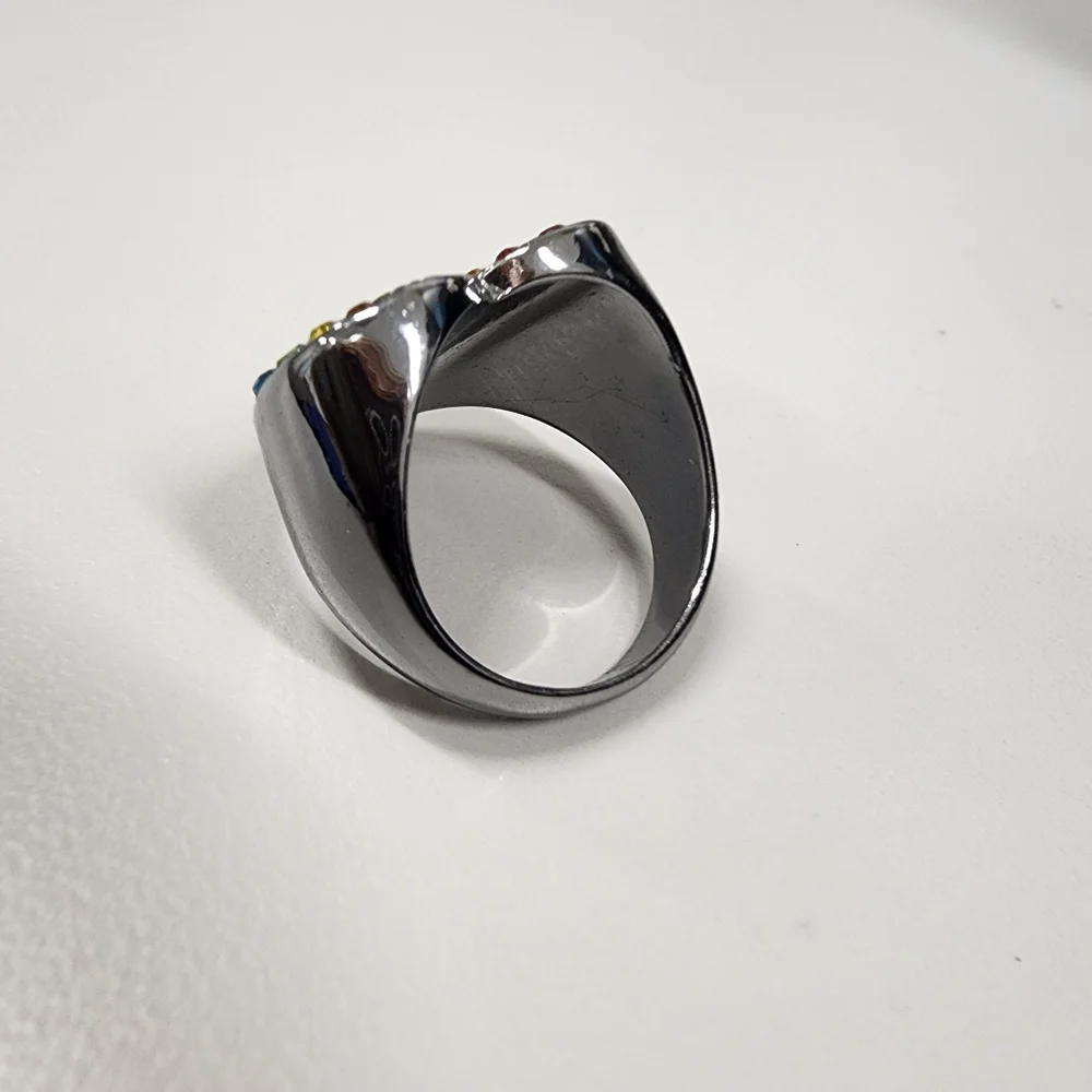 Sz 8 Simply Vera Wang Rainbow Heart Signet Ring Gunmetal-Tone Pave Rhinestone